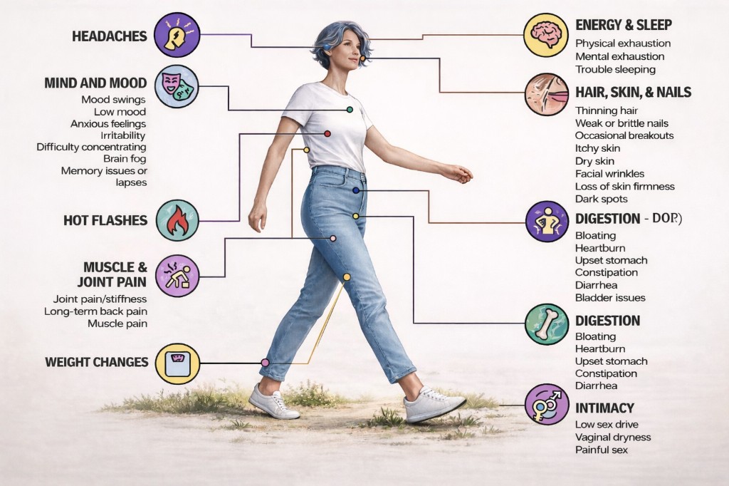 Perimenopause and menopause symptoms: headaches, mind and mood, hot flashes, muscle and joint pain, weight changes, energy and sleep, hair skin and nails, digestion, intimacy